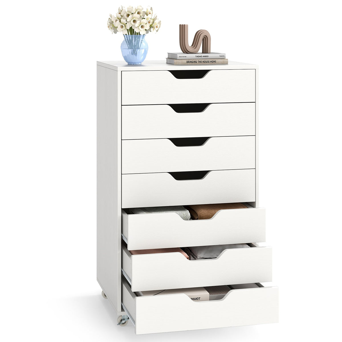 7-Drawer Chest Wooden Storage Dresser with Lockable Wheels