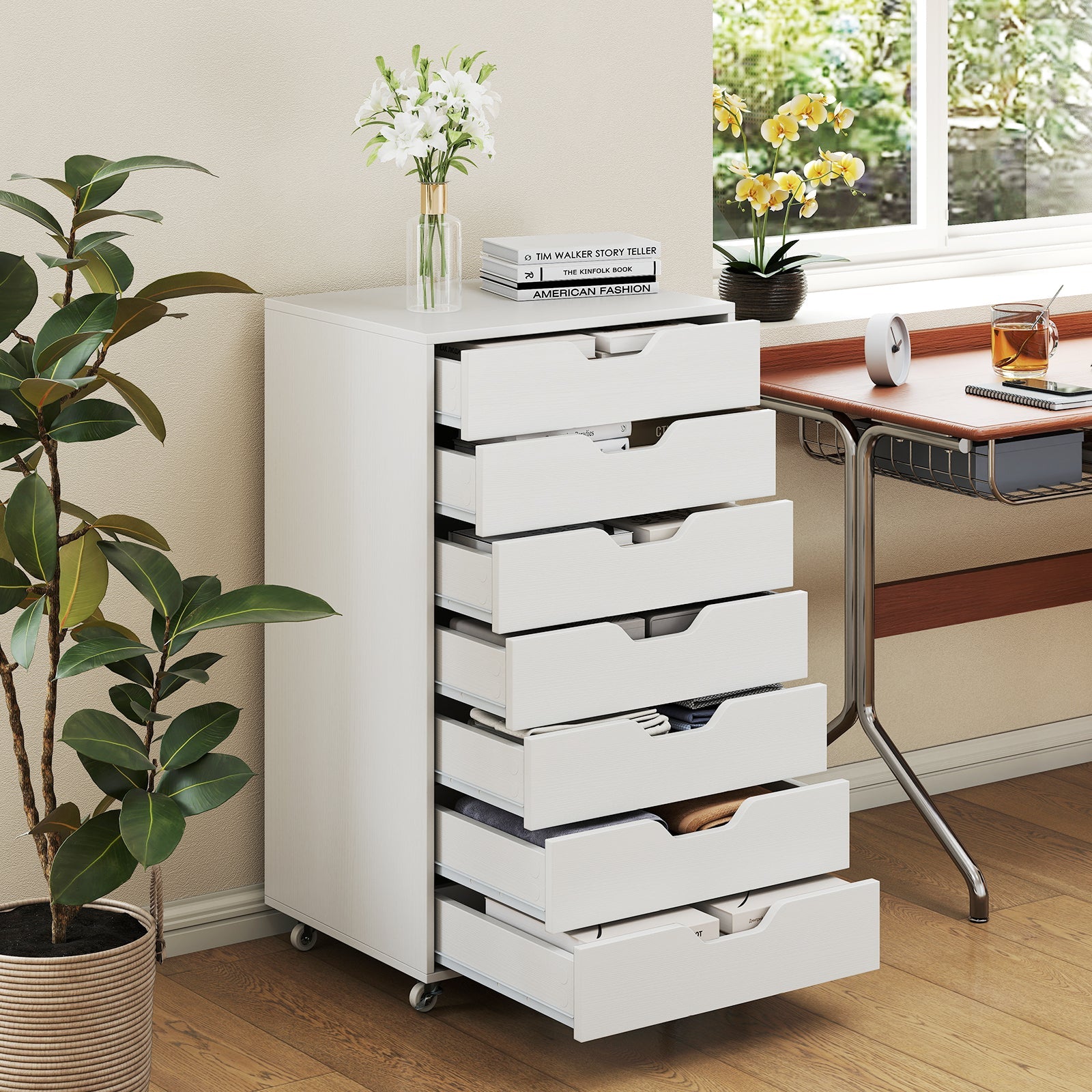 7-Drawer Chest Wooden Storage Dresser with Lockable Wheels