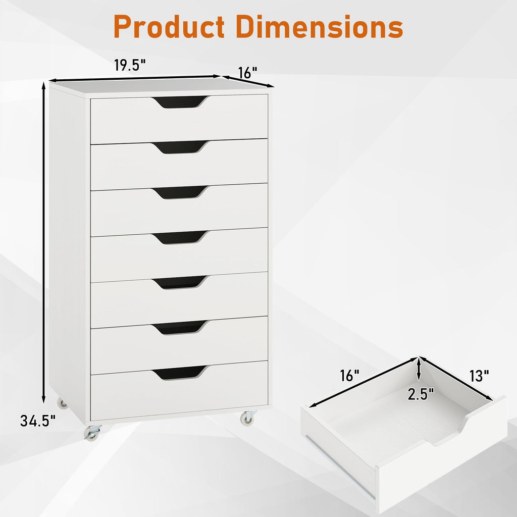 7-Drawer Chest Wooden Storage Dresser with Lockable Wheels