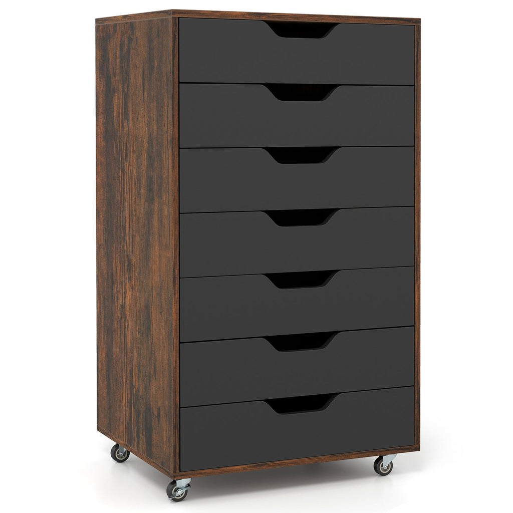 7-Drawer Chest Wooden Storage Dresser with Lockable Wheels