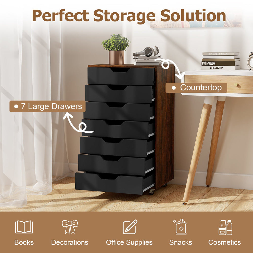 7-Drawer Chest Wooden Storage Dresser with Lockable Wheels