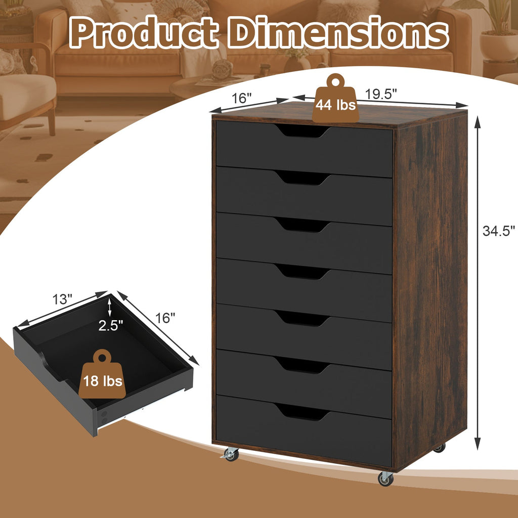 7-Drawer Chest Wooden Storage Dresser with Lockable Wheels