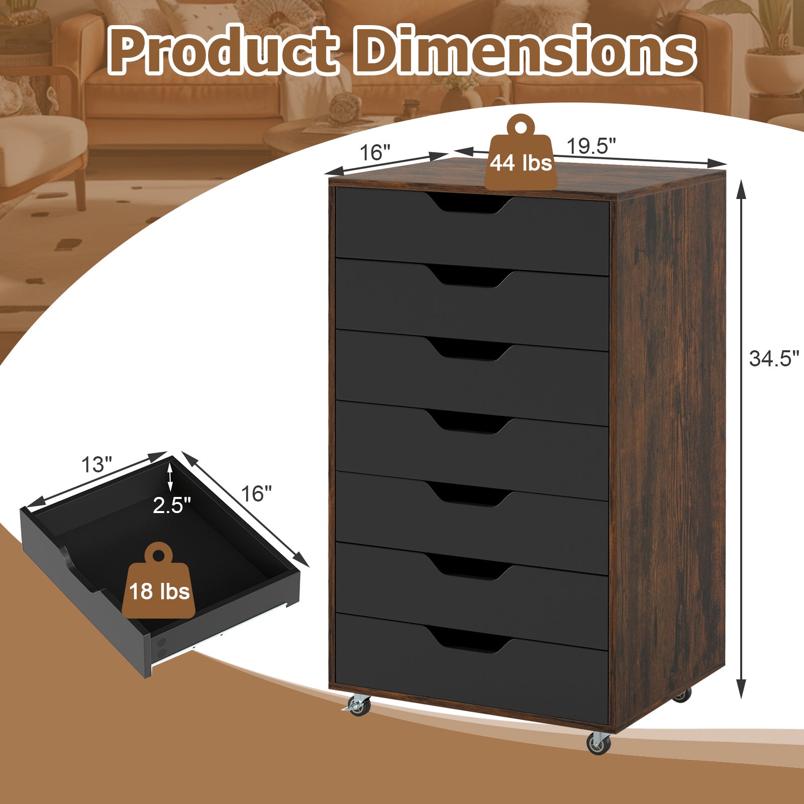 7-Drawer Chest Wooden Storage Dresser with Lockable Wheels