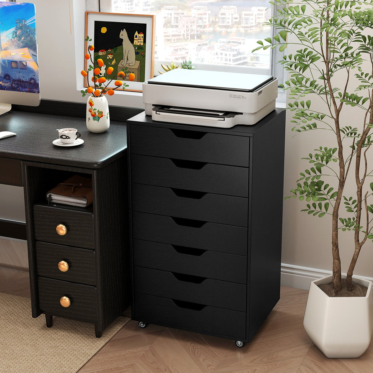 7-Drawer Chest Wooden Storage Dresser with Lockable Wheels