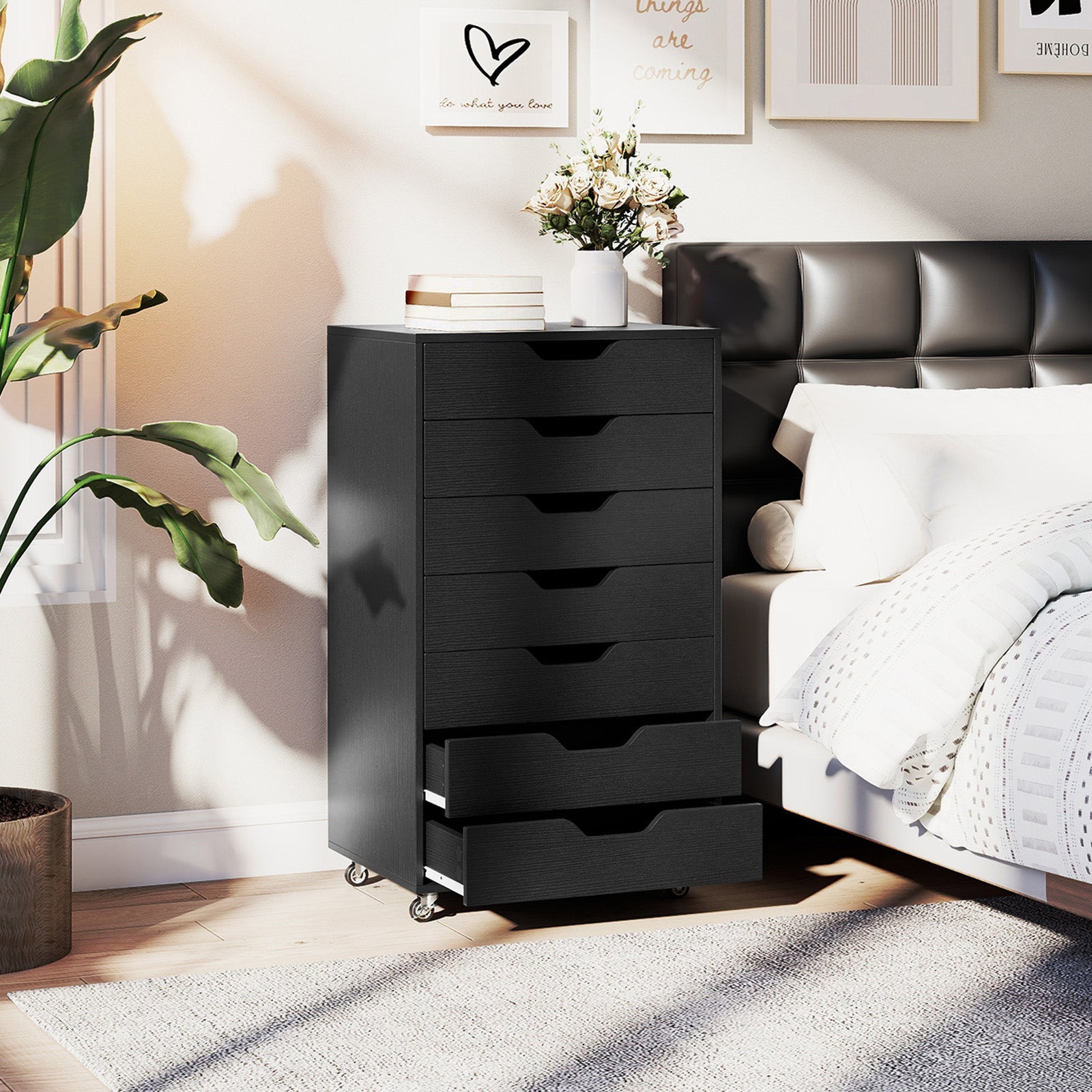 7-Drawer Chest Wooden Storage Dresser with Lockable Wheels