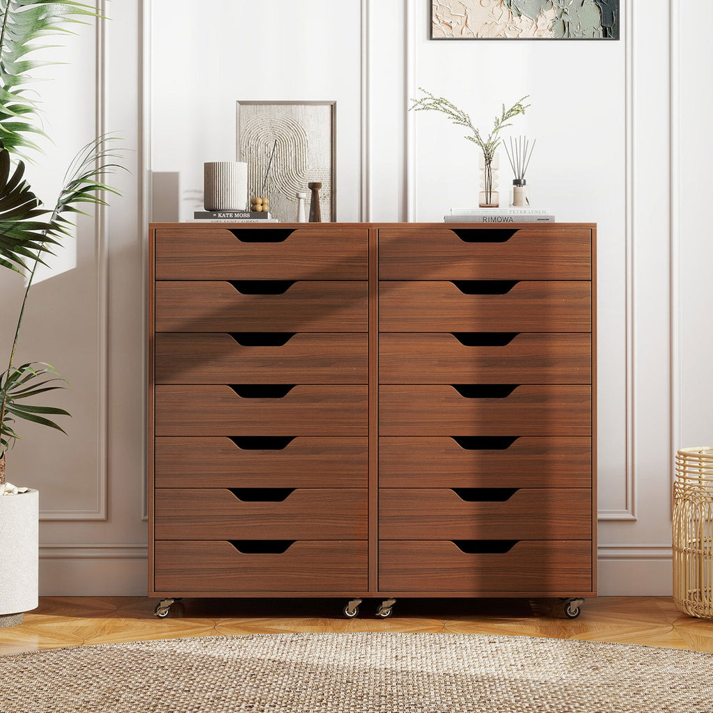 7-Drawer Chest Wooden Storage Dresser with Lockable Wheels