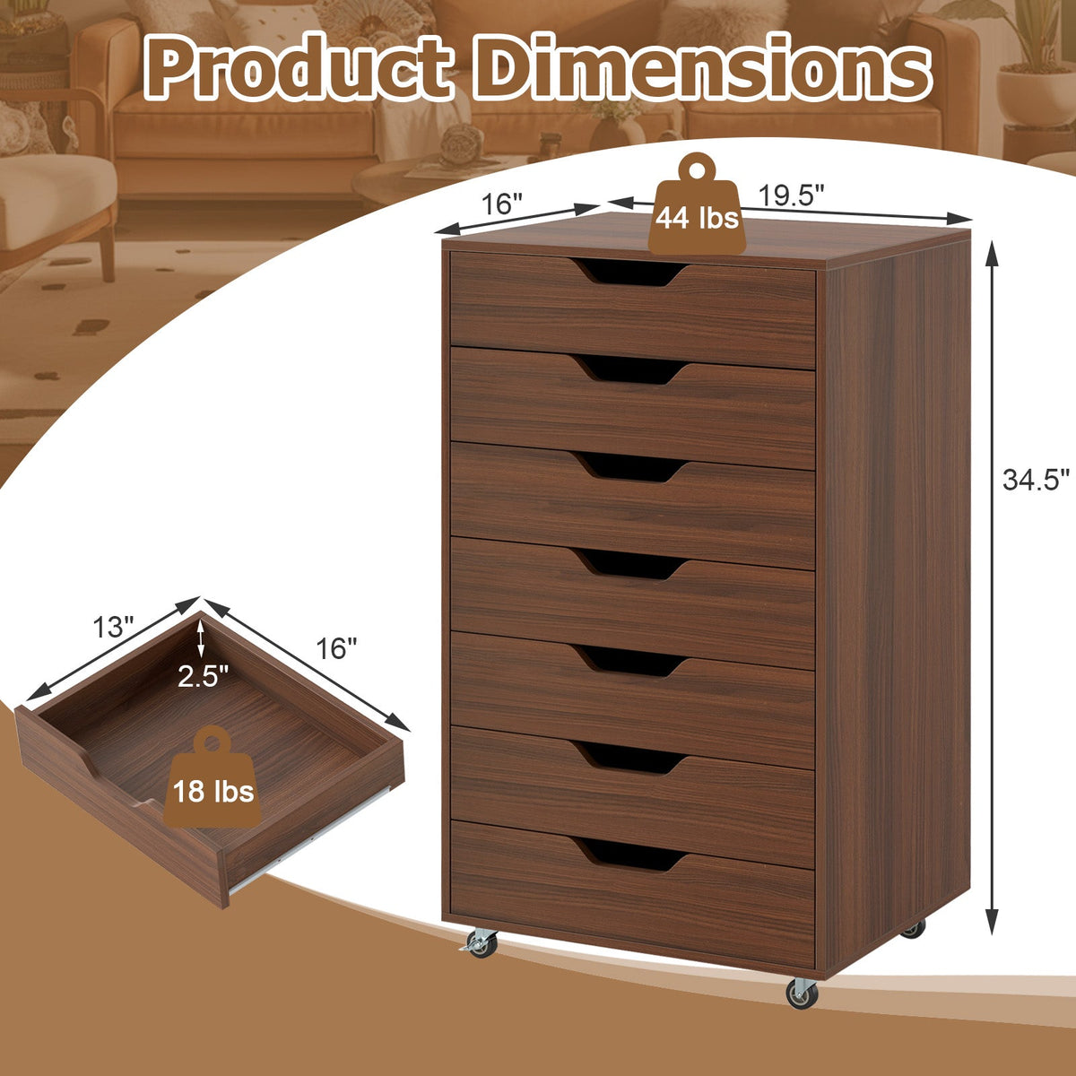 7-Drawer Chest Wooden Storage Dresser with Lockable Wheels