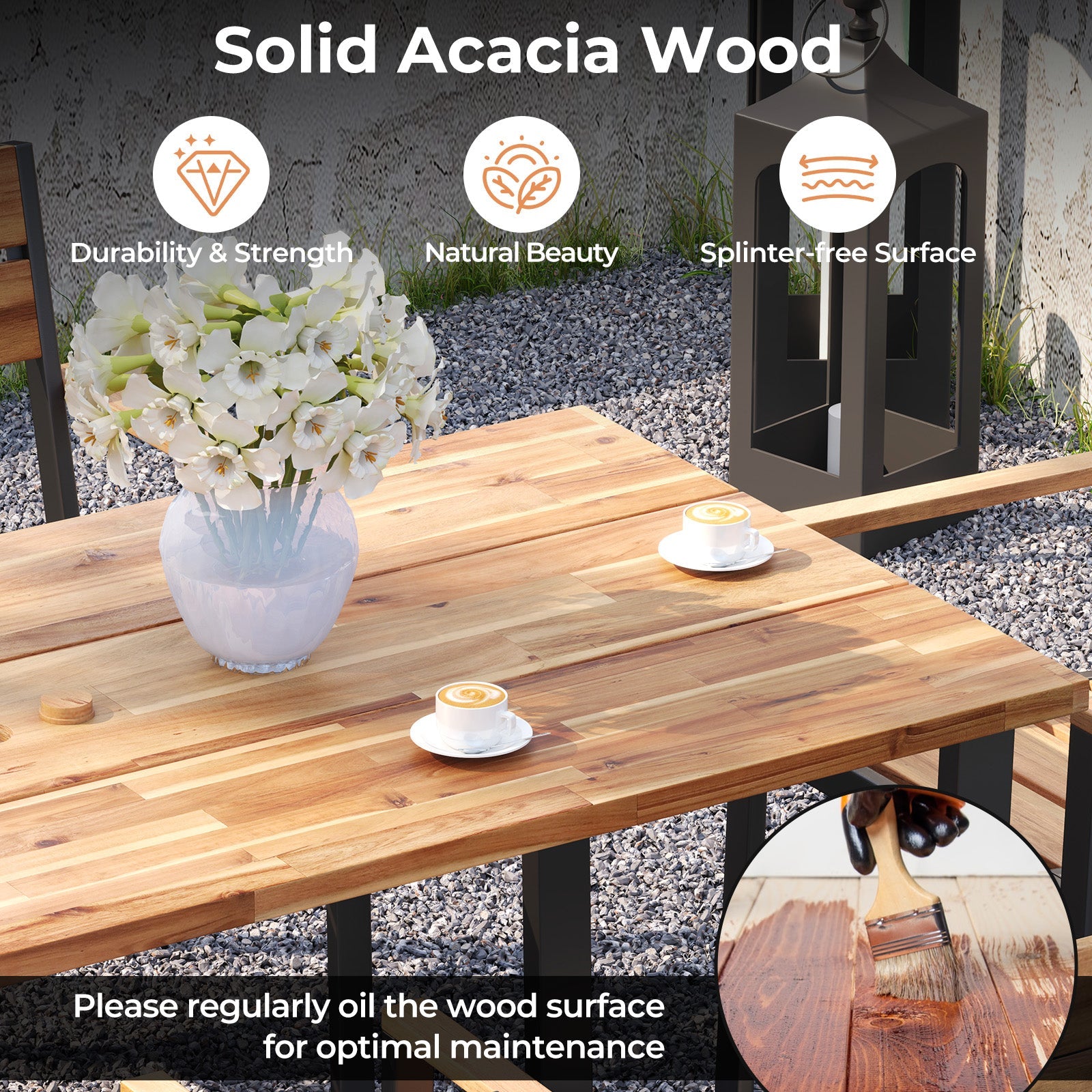 7 Pieces Acacia Wood Patio Dining Set with Metal Frame and 2 Inches Umbrella Hole