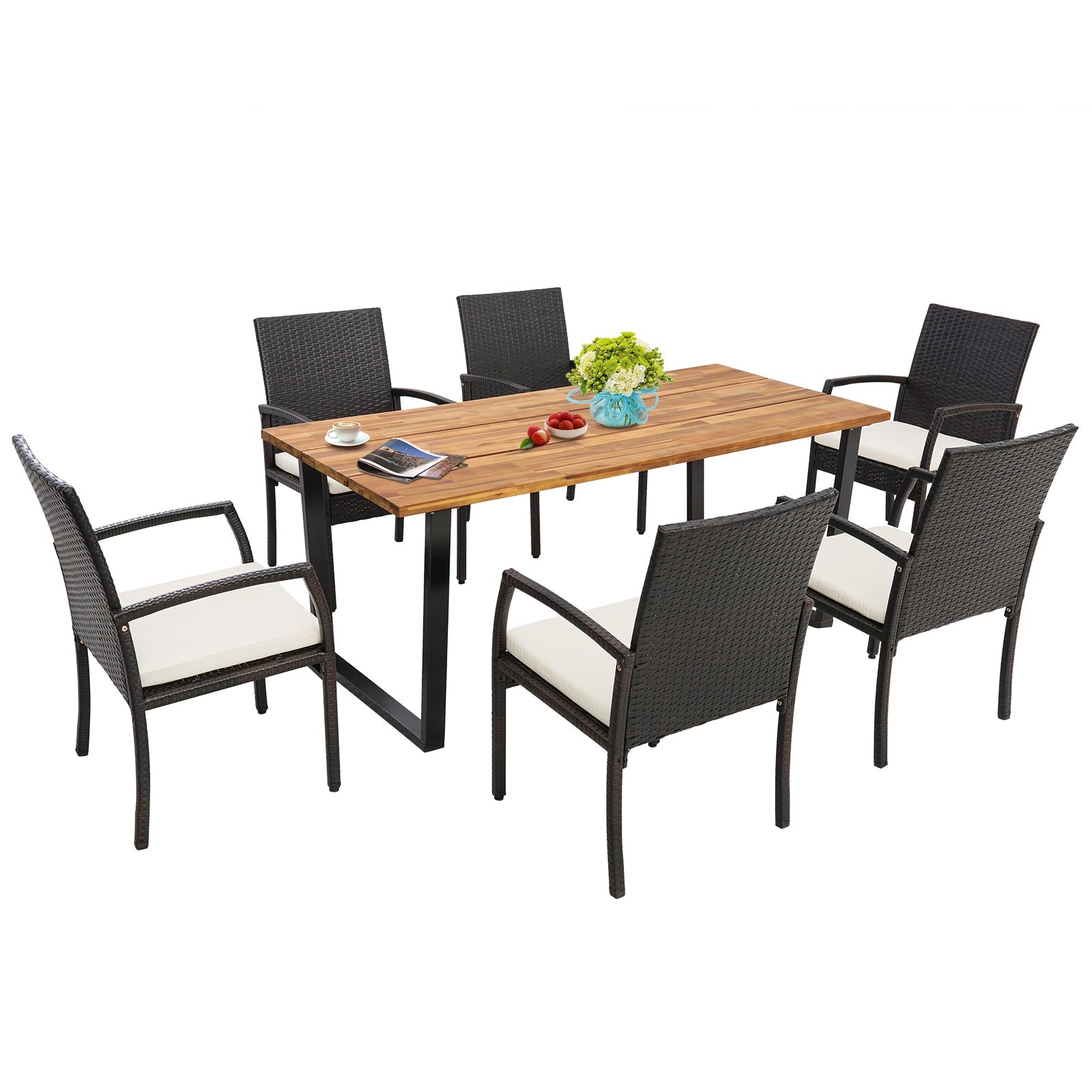 7 Pieces Patio Rattan Dining Set with Umbrella Hole-L