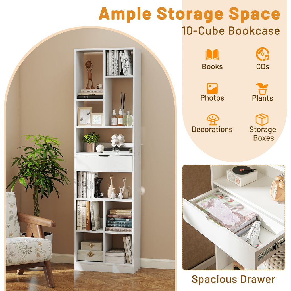 7-tier Bookshelf with Drawer 180cm Floor Standing Display Rack Storage Shelf-White