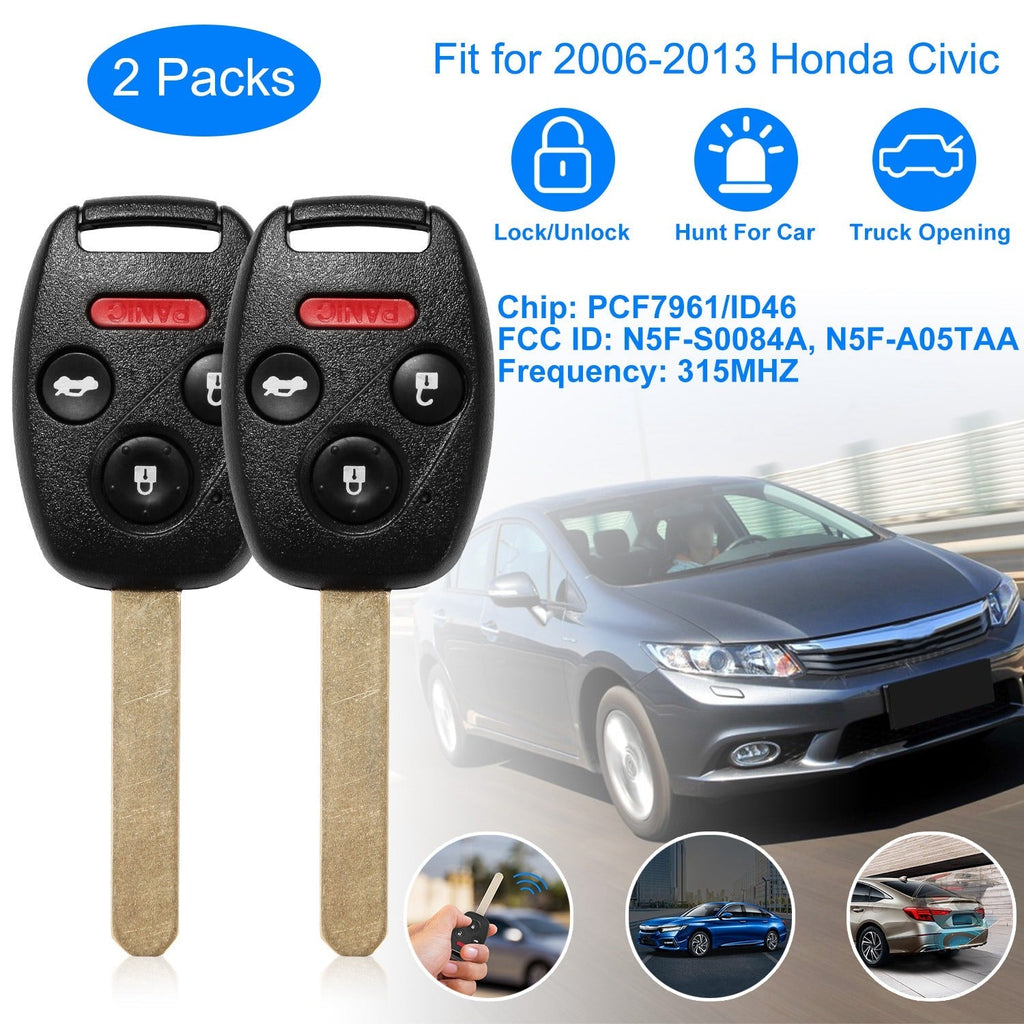 2Pcs Fit For Honda Civic 2006-2013 Remote Keyless Entry Shell Button Car Key _x000B__x000B_Fob Uncut Key Cover Case N5F-S0084A N5F-A05TAA