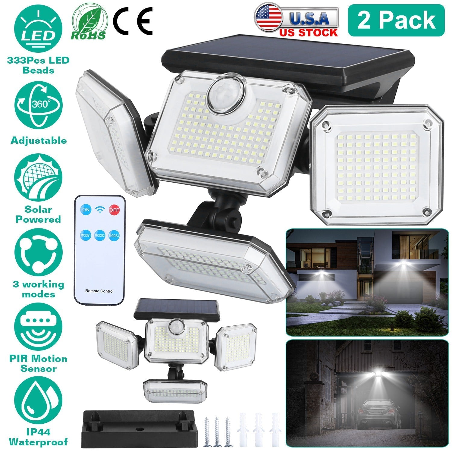 2 Pack Solar Powered Wall Lights IP44 Waterproof Motion Sensor Lights with 4 Adjustable Heads 333Pcs LED Beads 120¡ Sensing Angle Remote Control for Y