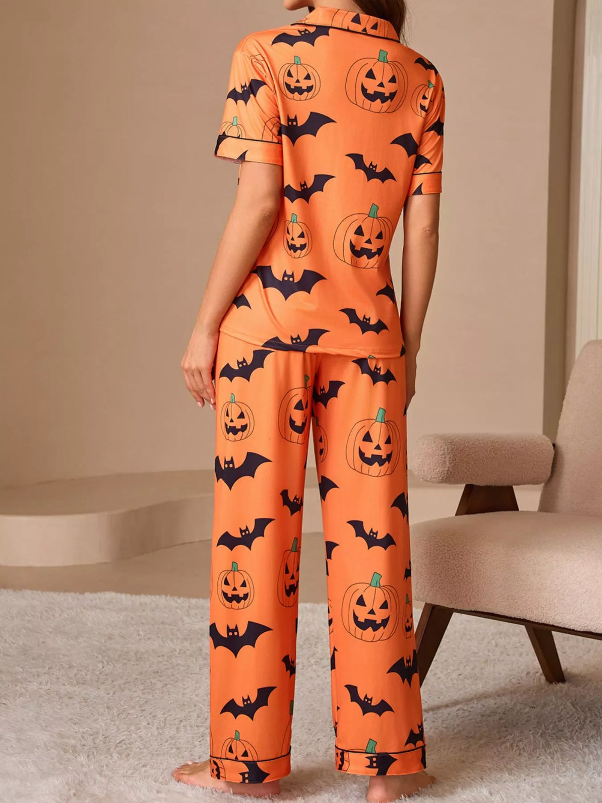 Halloween Pumpkin and Bat Print Button-Down Top and Pants Lounge Set