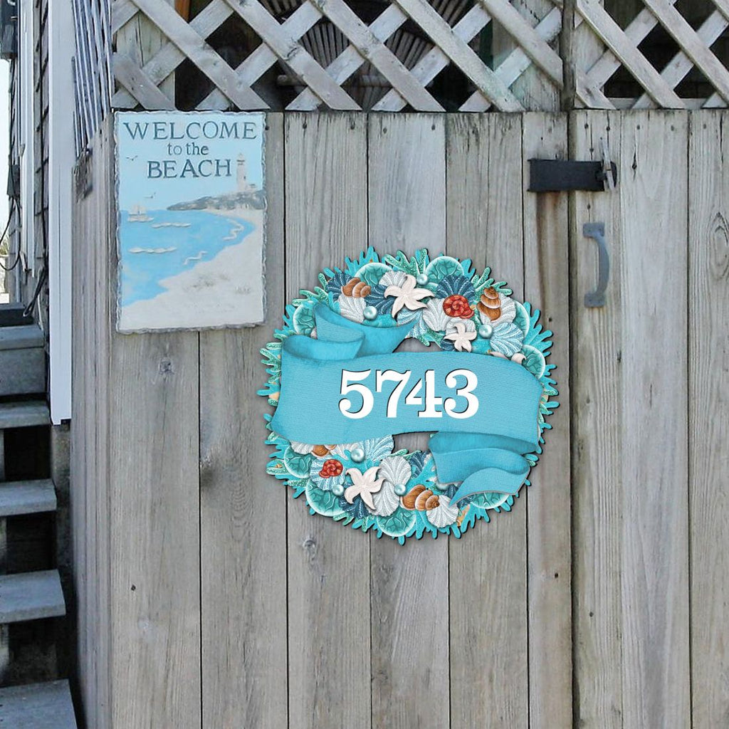 Coastal Wreath Wooden Personalized House Number Sign by G. Debrekht - Coastal Sea-Life Decor - Handcrafted Wooden Address Sign - MA81853062