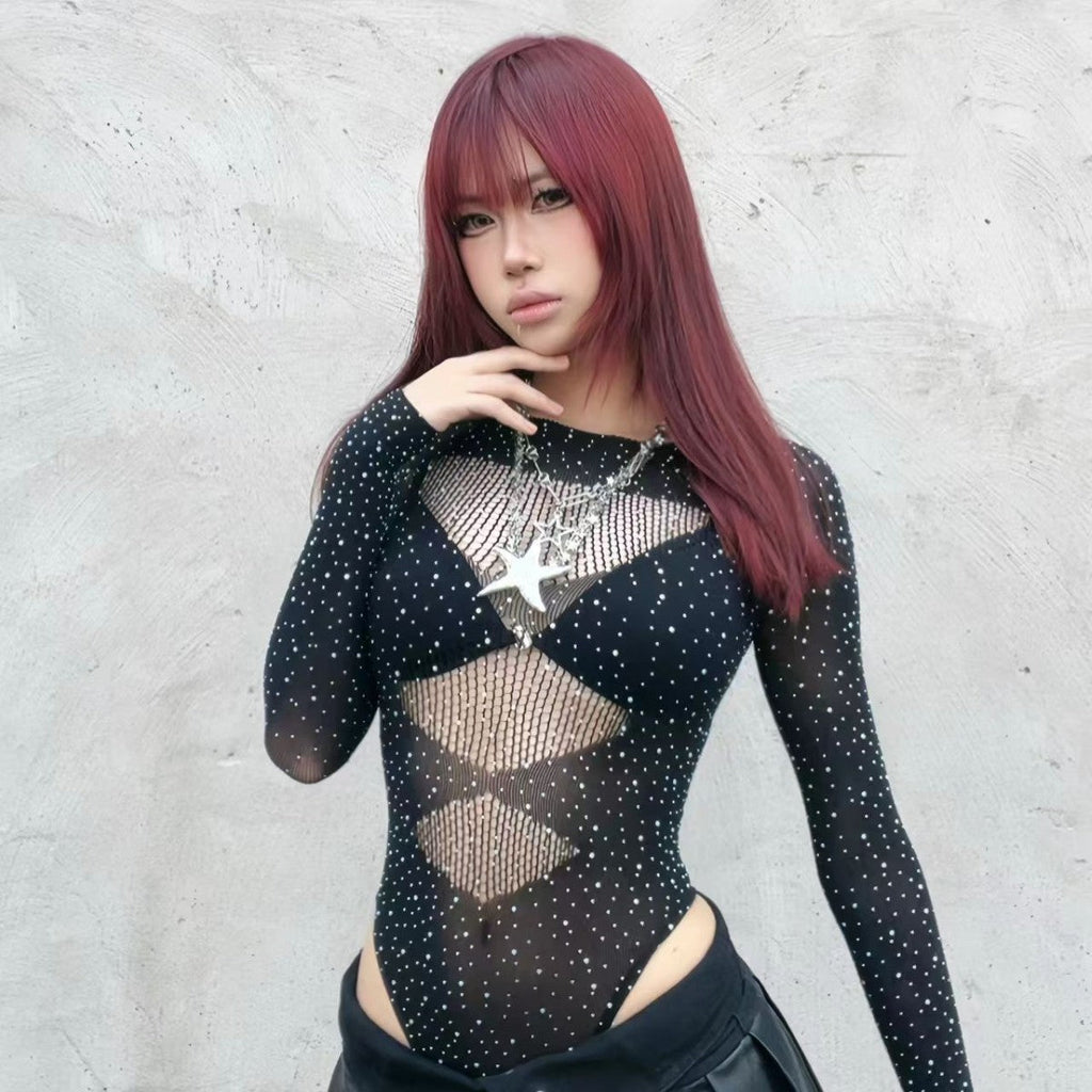 High-Elastic Sheer Rhinestone Long-Sleeve Bodysuit