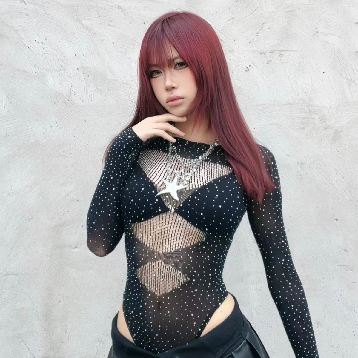 High-Elastic Sheer Rhinestone Long-Sleeve Bodysuit