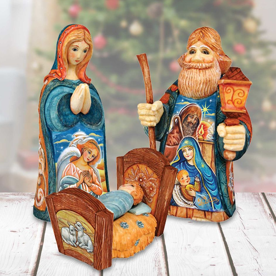 Holy Family Set of 3 Handcrafted Christmas Figurine - G. DeBrekht - Handpainted Nativity Holiday Decor - 53612-B3