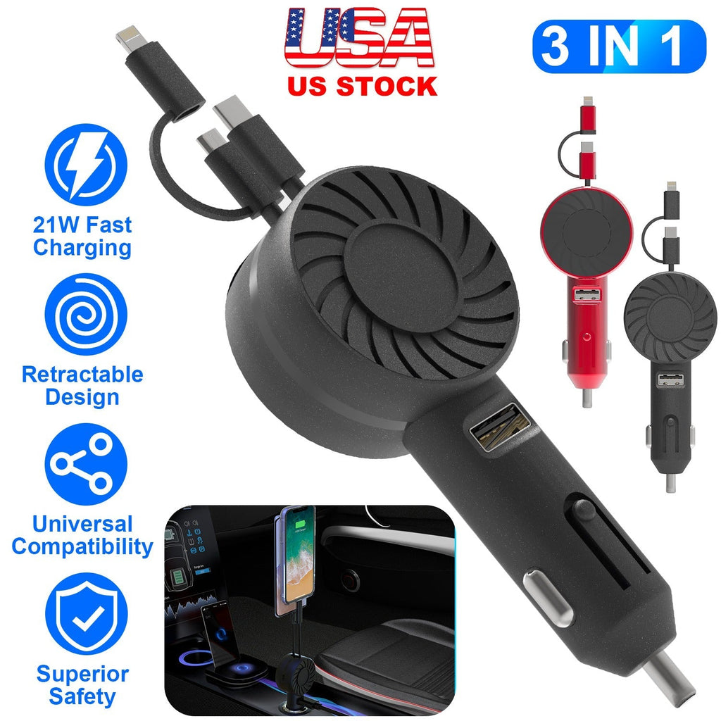 21W 3 In 1 Retractable Car Charger Fast Car Charger Mini Car Phone Charger with USB Port Type-C Cable LT & Micro Cable Fit For IOS Phone 15/14/13 And