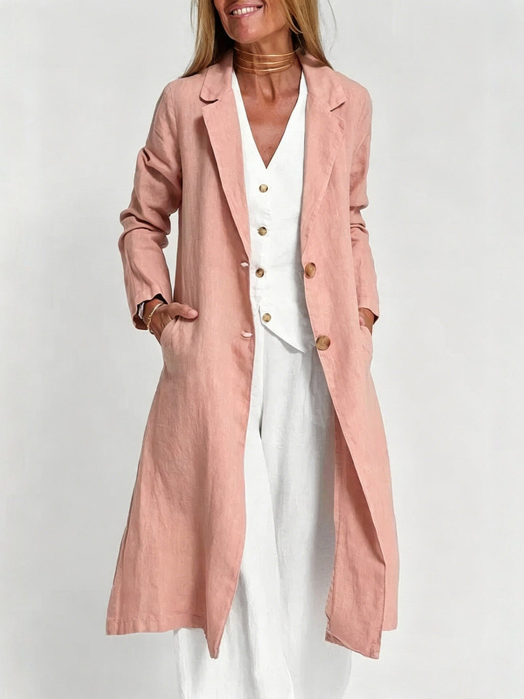 Long-sleeve Buttoned Cotton-linen Trench Coat With A Suit Collar