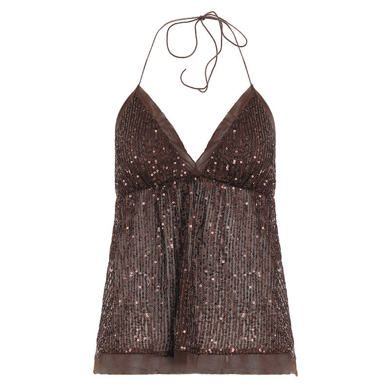 Sequin-embellished Mesh Halter-neck Lace-up Vest