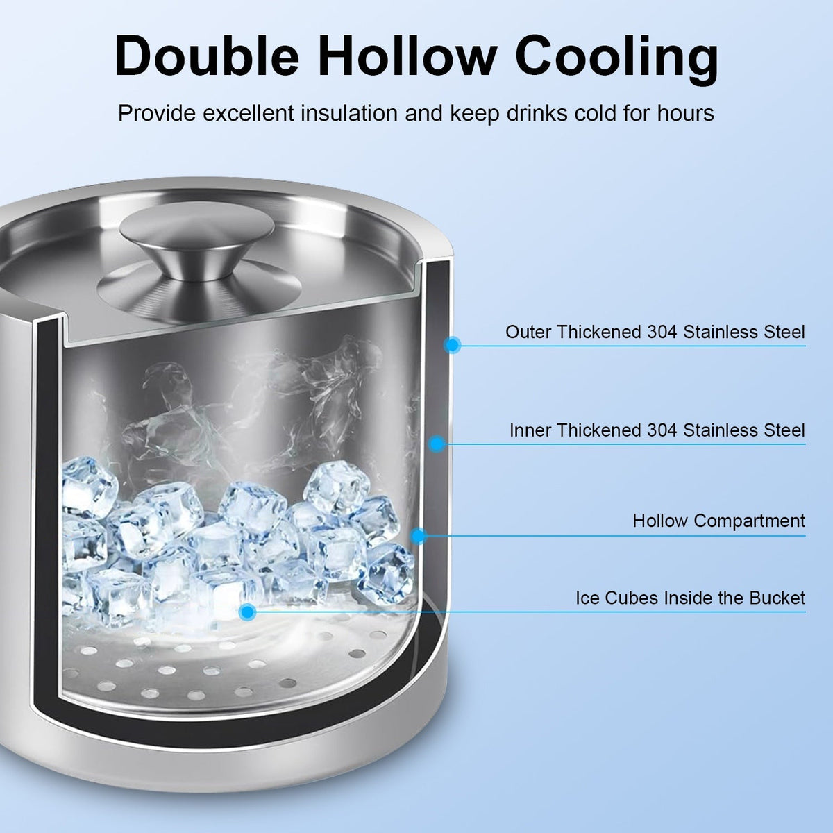 Double-Wall Stainless Steel Insulated Ice Bucket 3L Ice Holder Ice Container with Lid Scoop Strainer Handle for Wine Champagne Beer Parties Cocktails