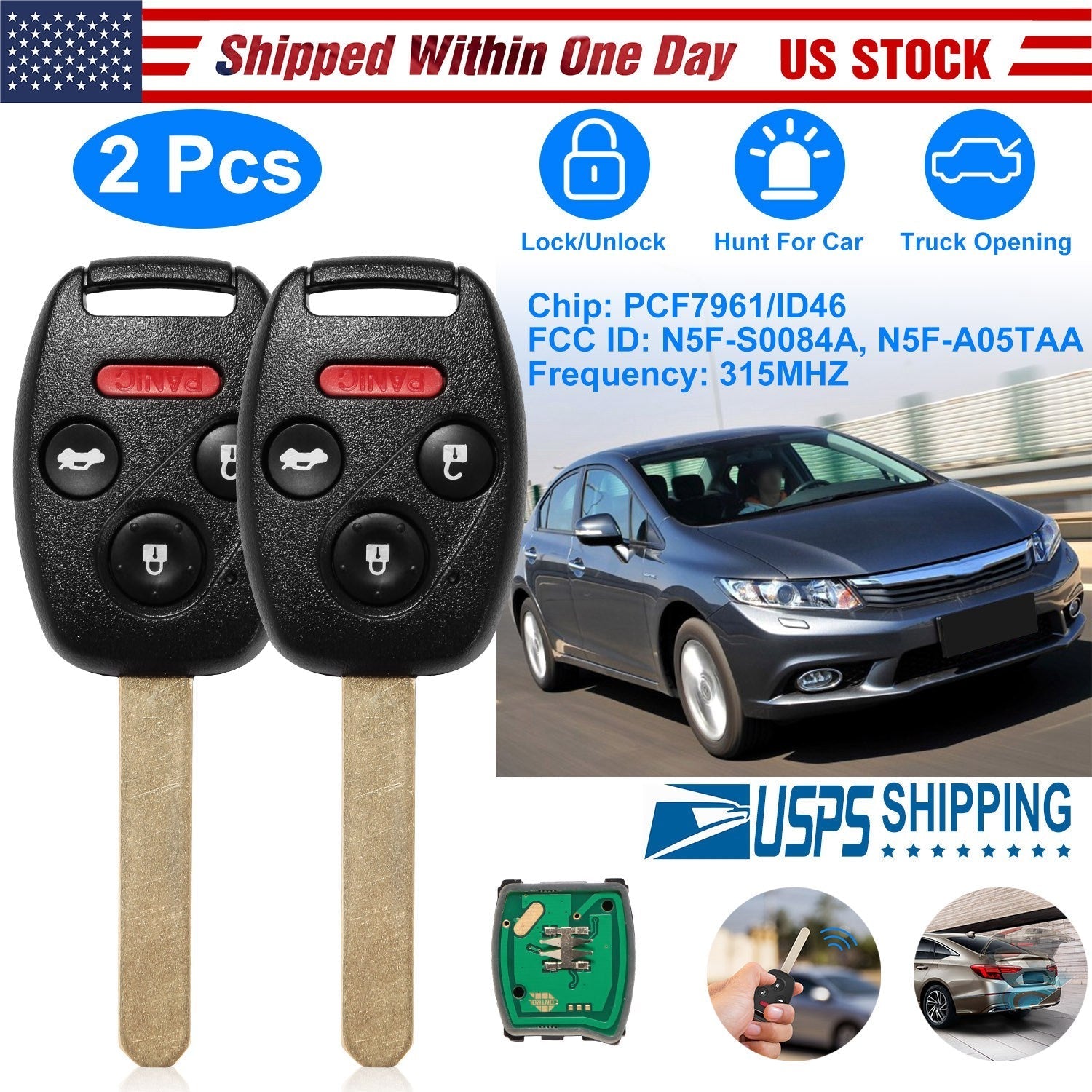 2Pcs Fit For Honda Civic 2006-2013 Remote Keyless Entry Shell Button Car Key _x000B__x000B_Fob Uncut Key Cover Case N5F-S0084A N5F-A05TAA