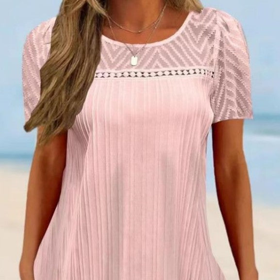 Women's Lace Patchwork Round Neck Pullover Top – Pink, Light Blue & White