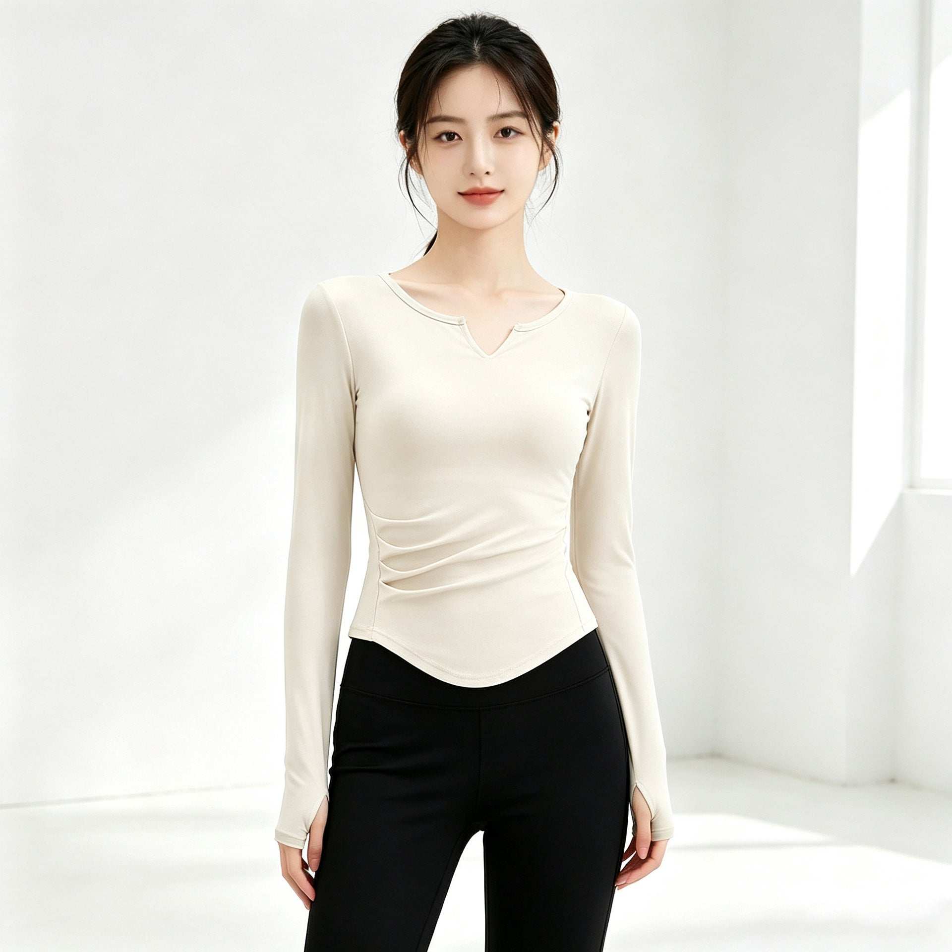 Small V-neck Pleated-waist Long-sleeve Womens Top