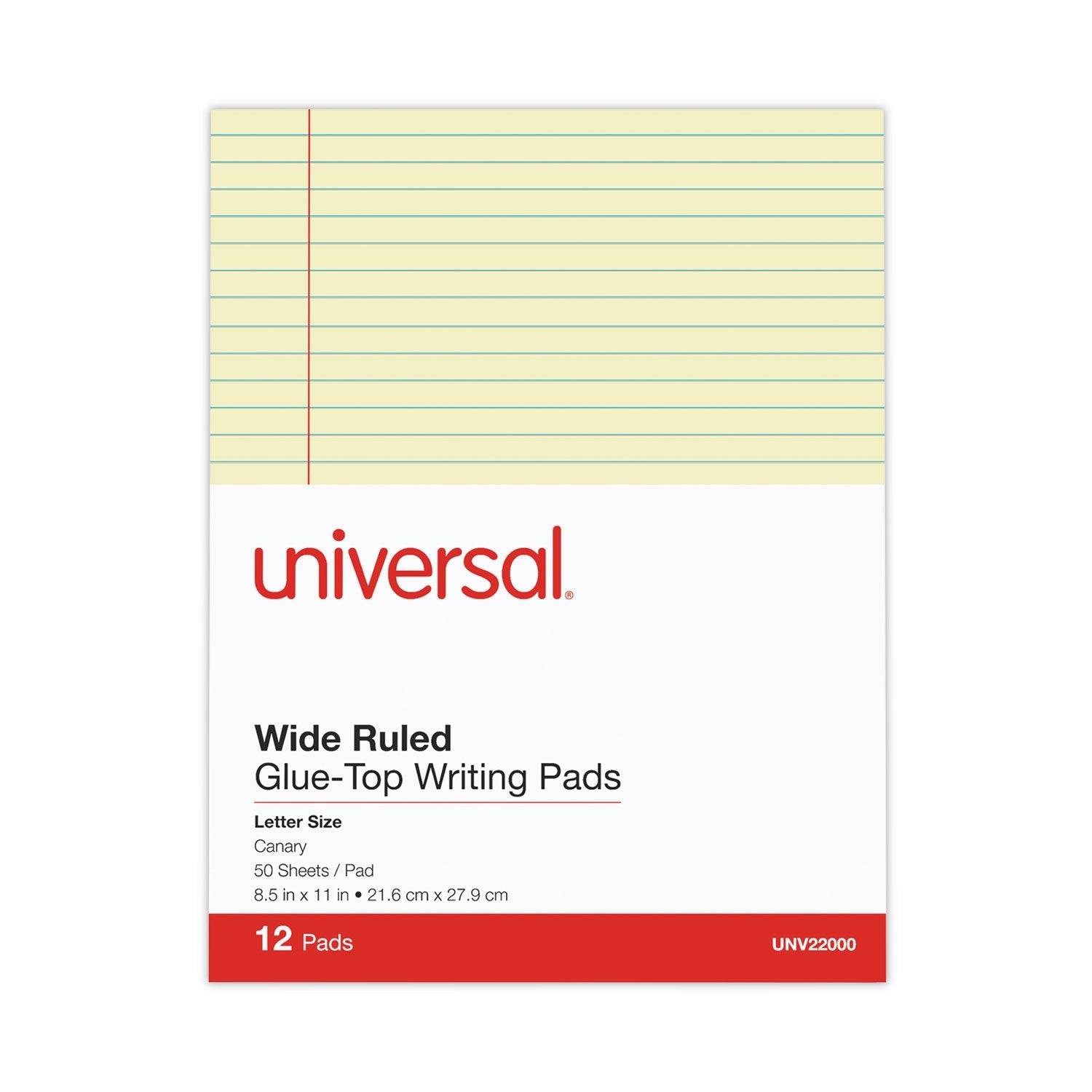 Universal Glue Top Pads, Wide/Legal Rule, 50 Canary-Yellow 8.5 x 11 Sheets, Dozen