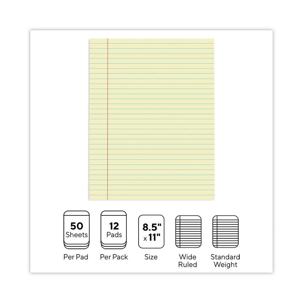 Universal Glue Top Pads, Wide/Legal Rule, 50 Canary-Yellow 8.5 x 11 Sheets, Dozen