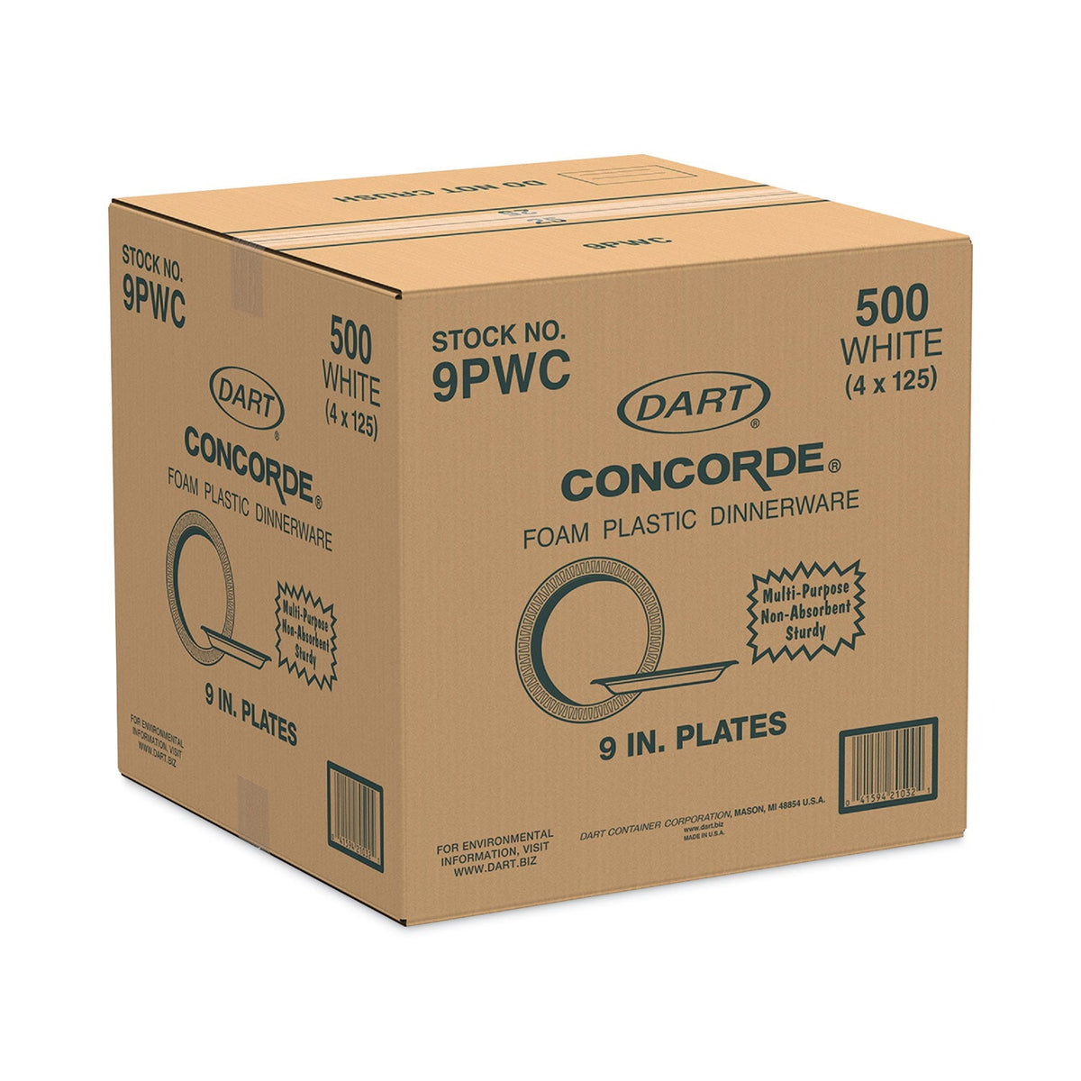 Dart Concorde Non-Laminated Foam Plate, 9" dia, 125/Pack, 4 Packs/Carton