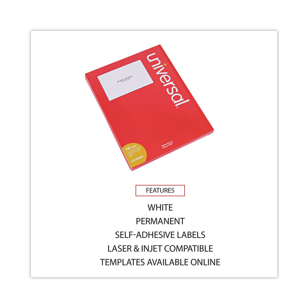 Universal White Labels, Inkjet/Laser Printers, 5.5 x 8.5, White, 2/Sheet, 100 Sheets/Pack