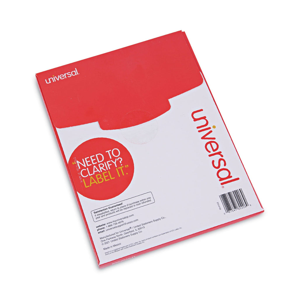 Universal White Labels, Inkjet/Laser Printers, 5.5 x 8.5, White, 2/Sheet, 100 Sheets/Pack