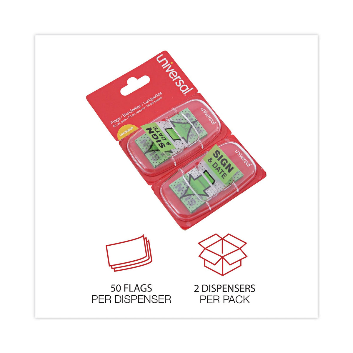 Universal Deluxe Message Arrow Flags, "Sign and Date", Green, 100/Pack