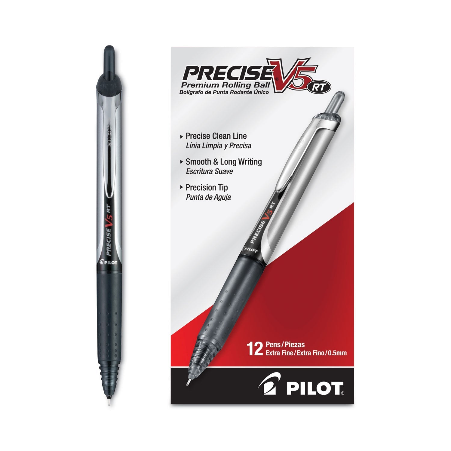 Pilot Precise V5RT Roller Ball Pen, Retractable, Extra-Fine 0.5 mm, Black Ink, Black Barrel