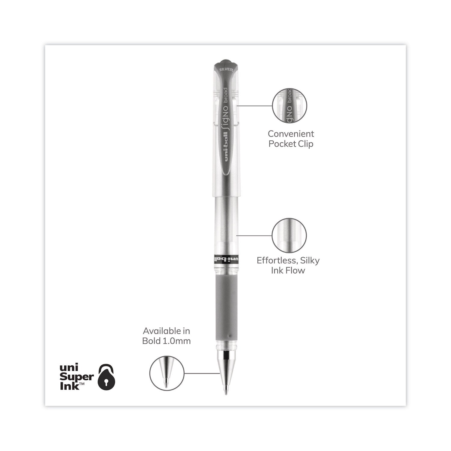 uniball IMPACT Gel Pen, Stick, Medium 1 mm, Silver Metallic Ink, Silver Barrel