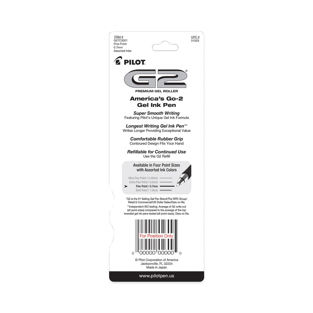 Pilot G2 Premium Gel Pen, Retractable, Fine 0.7 mm, Assorted Ink Colors, Smoke Barrel, 3/Pack