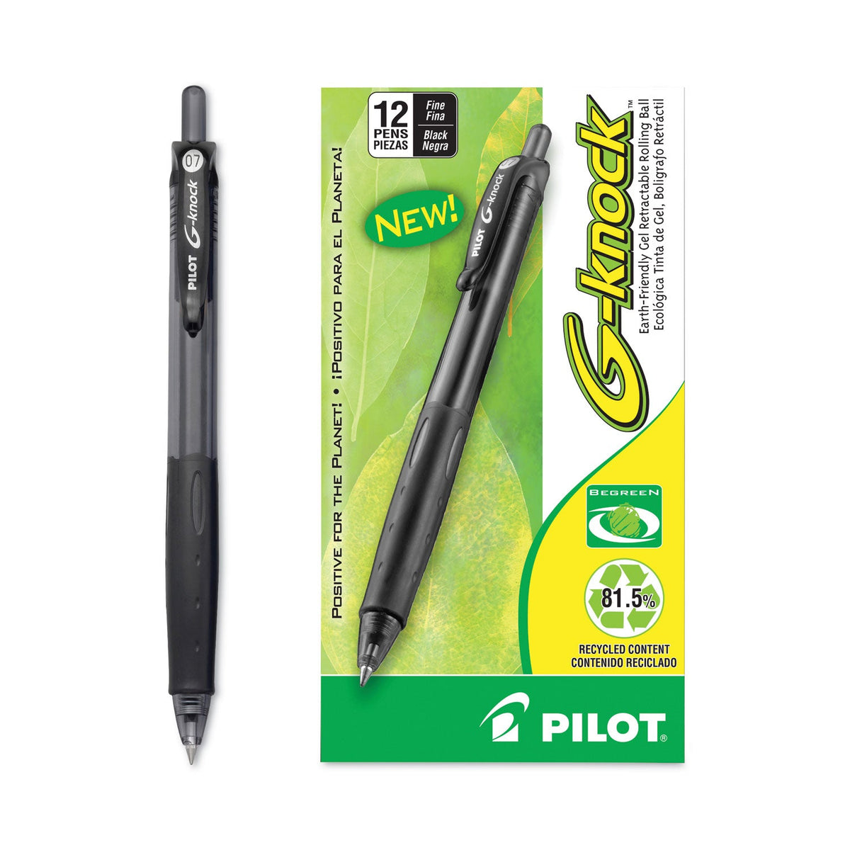 Pilot G-Knock BeGreen Gel Pen, Retractable, Fine 0.7 mm, Black Ink, Black Barrel, Dozen