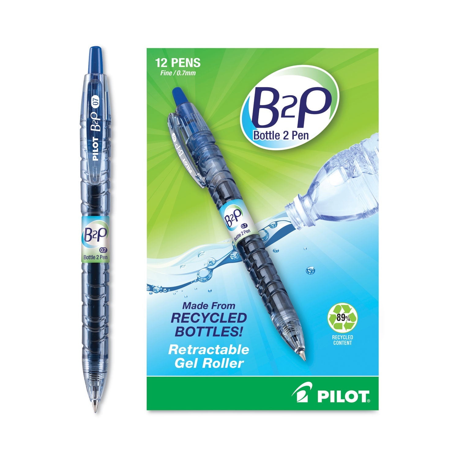 Pilot B2P Bottle-2-Pen Recycled Gel Pen, Retractable, Fine 0.7 mm, Blue Ink, Translucent Blue Barrel