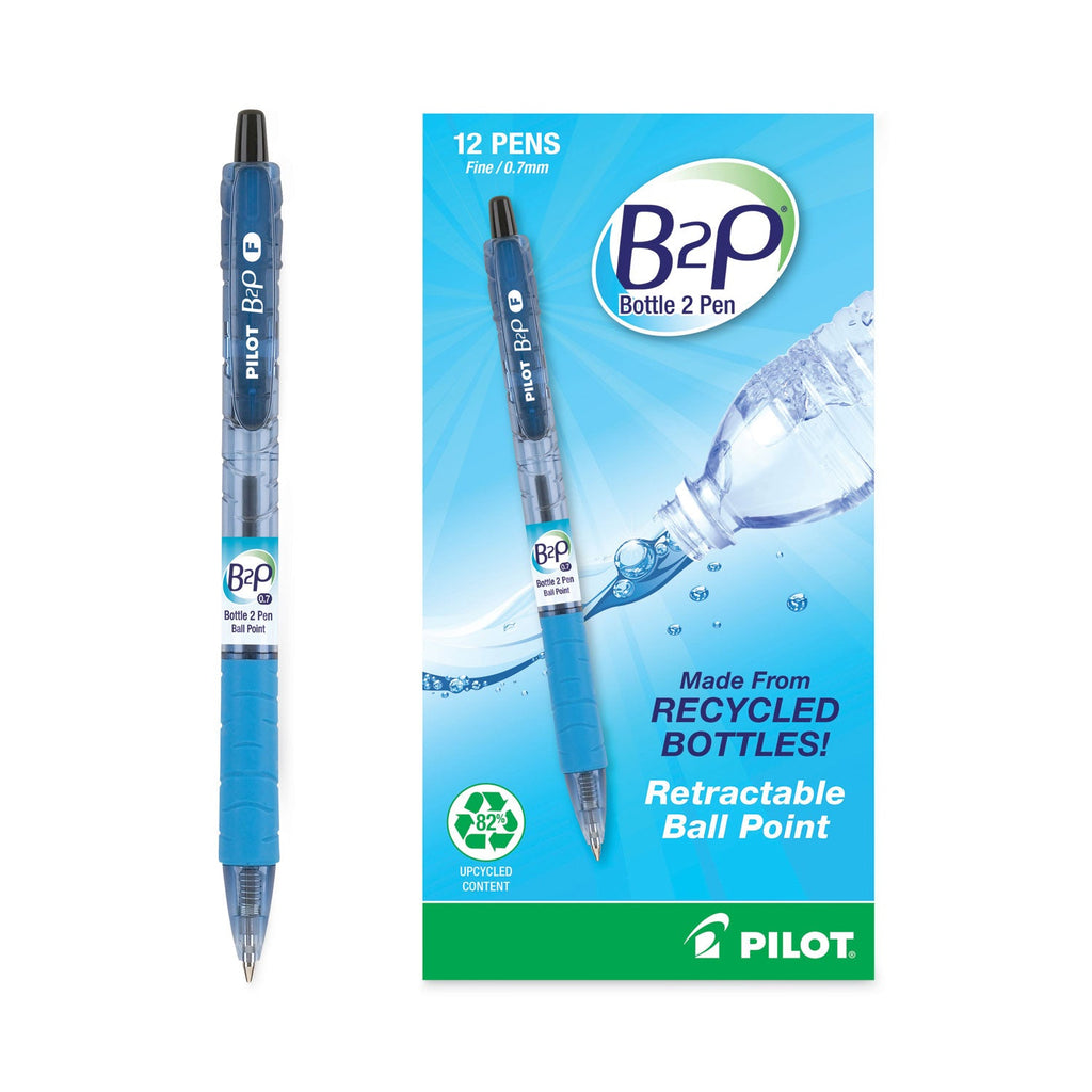 Pilot B2P Bottle-2-Pen Recycled Ballpoint Pen, Retractable, Fine 0.7 mm, Black Ink, Translucent Blue Barrel, Dozen