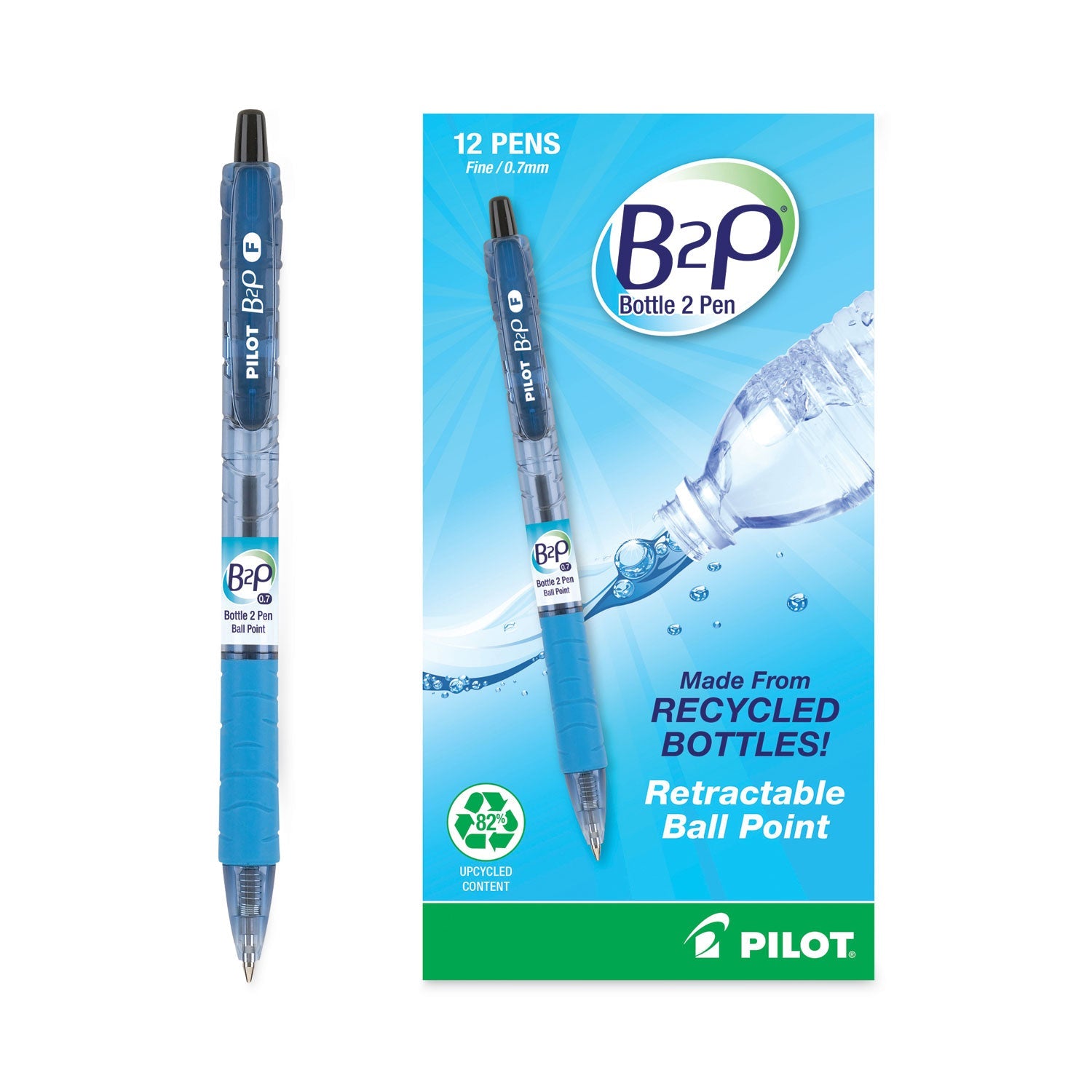 Pilot B2P Bottle-2-Pen Recycled Ballpoint Pen, Retractable, Fine 0.7 mm, Black Ink, Translucent Blue Barrel, Dozen