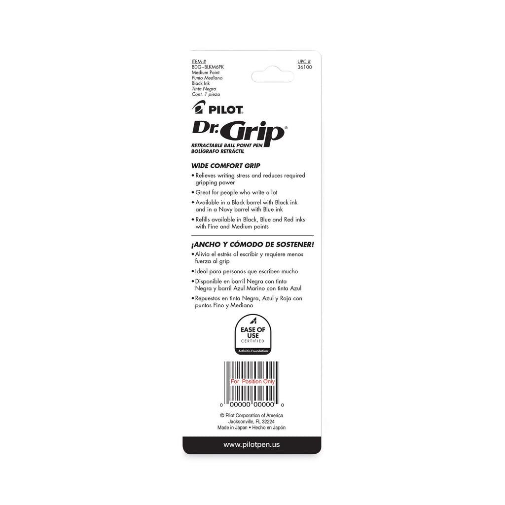 Pilot Dr. Grip Ballpoint Pen, Retractable, Medium 1 mm, Black Ink, Black Barrel