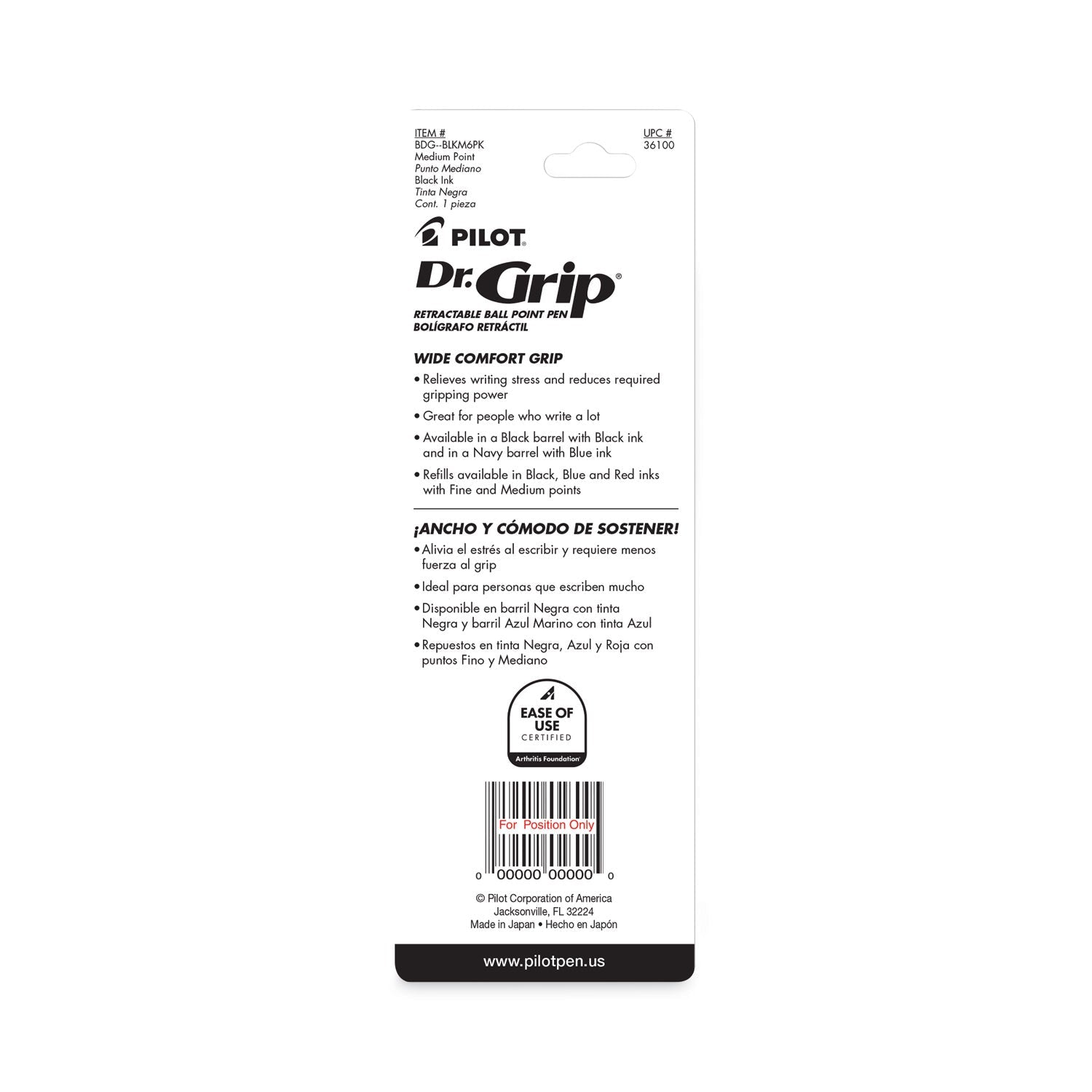Pilot Dr. Grip Ballpoint Pen, Retractable, Medium 1 mm, Black Ink, Black Barrel