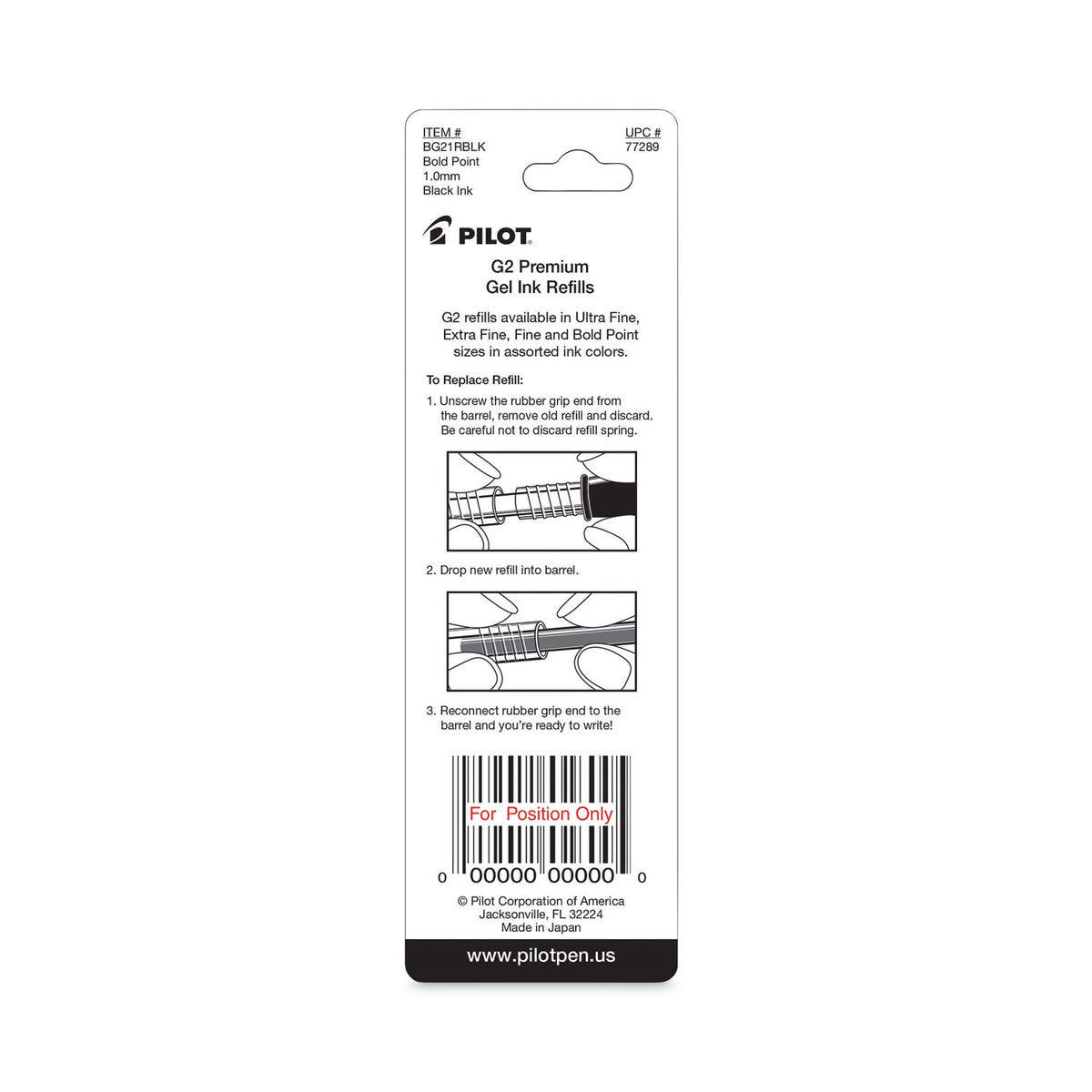 Pilot Refill for Pilot G2 Gel Ink Pens, Bold Conical Tip, Black Ink, 2/Pack
