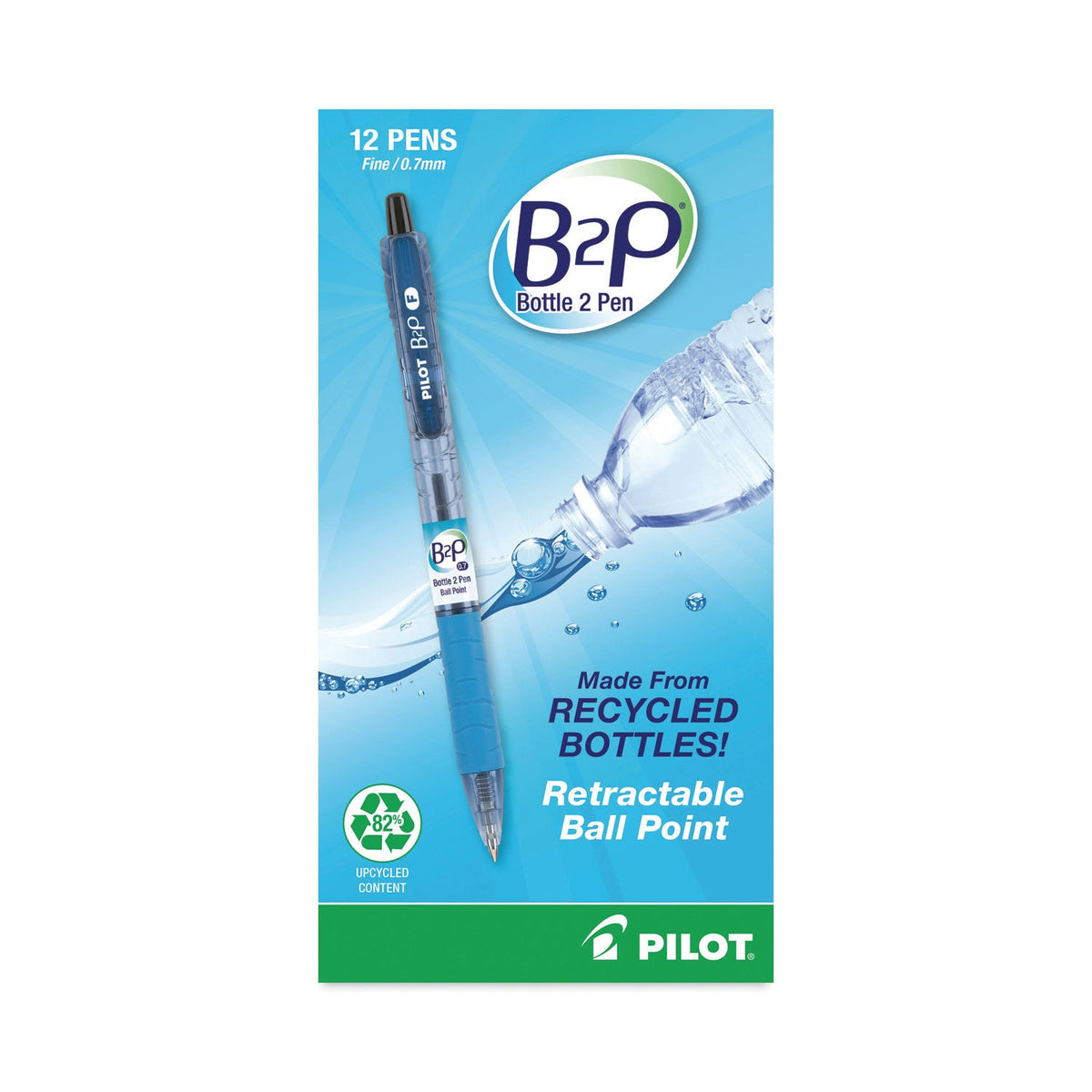 Pilot B2P Bottle-2-Pen Recycled Ballpoint Pen, Retractable, Fine 0.7 mm, Black Ink, Translucent Blue Barrel, Dozen