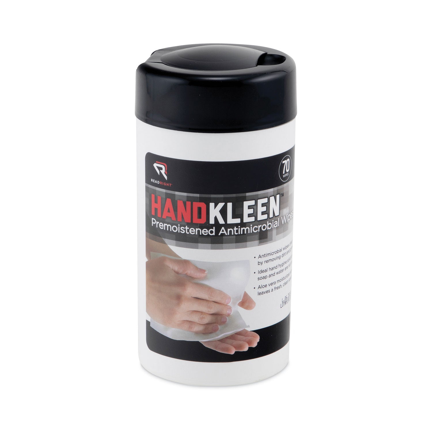 Read Right HandKleen Premoistened Antibacterial Wipes, Cloth, 5.5 x 6.5, 70/Tub