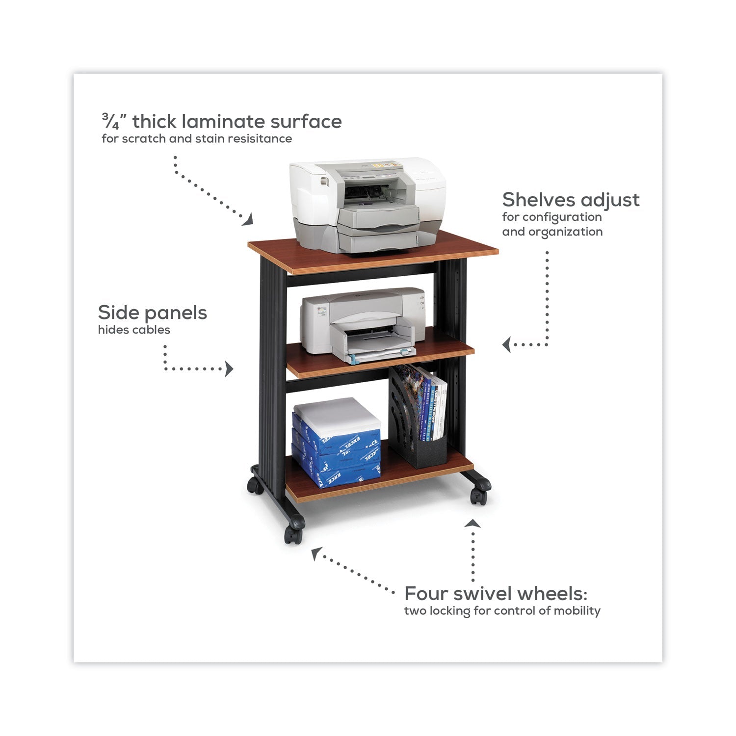 Safco Muv Three Level Machine Cart/Printer Stand, Engineered Wood, 3 Shelves, 29.5" x 20" x 35", Cherry/Black