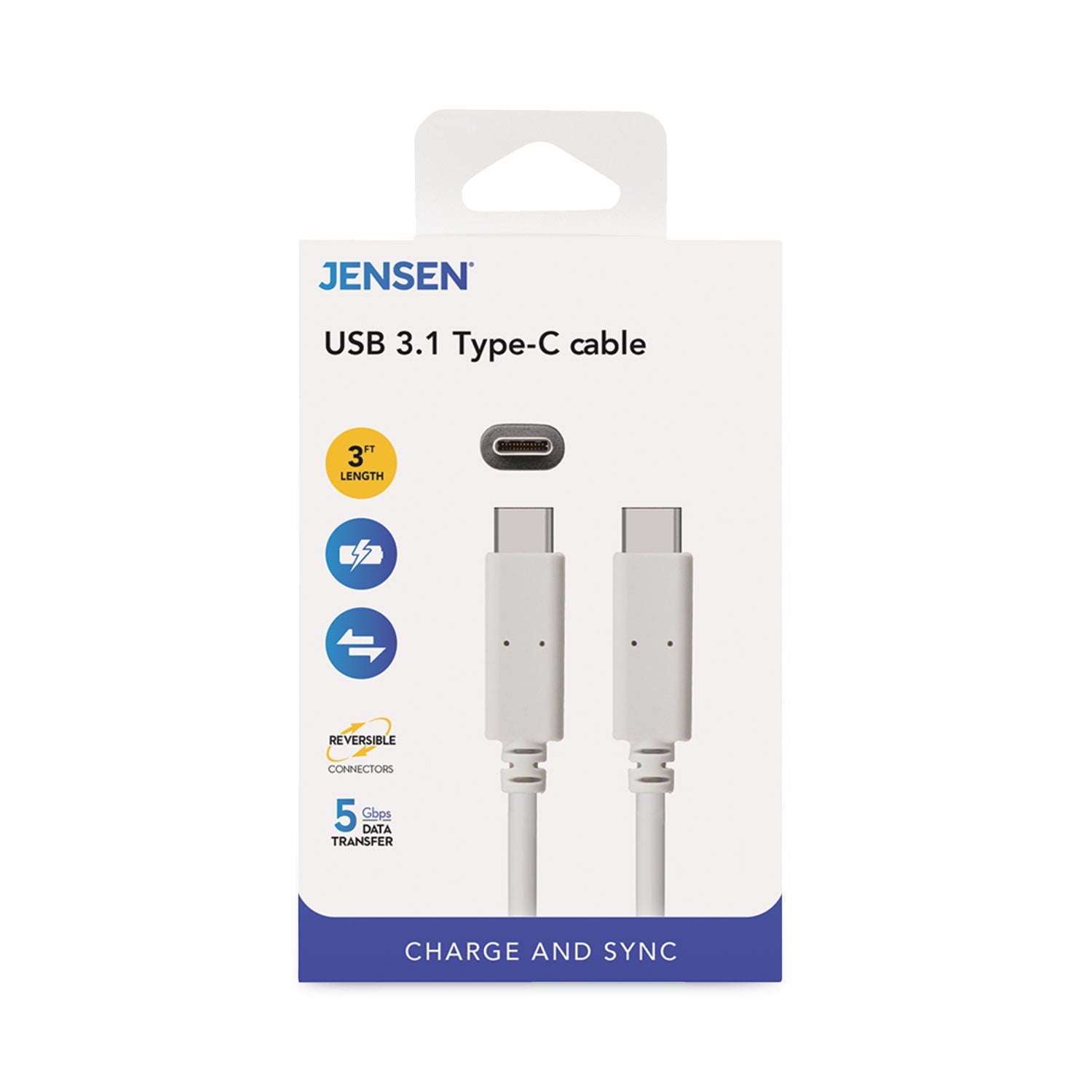 JENSEN USB-C 3.1 Type-C, 5 Gbps, 3 ft, White
