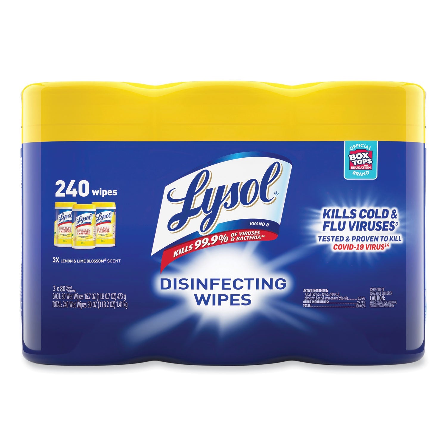 LYSOL Disinfecting Wipes, 7 x 7.25, Lemon and Lime Blossom, 80 Wipes/Canister, 3 Canisters/Pack