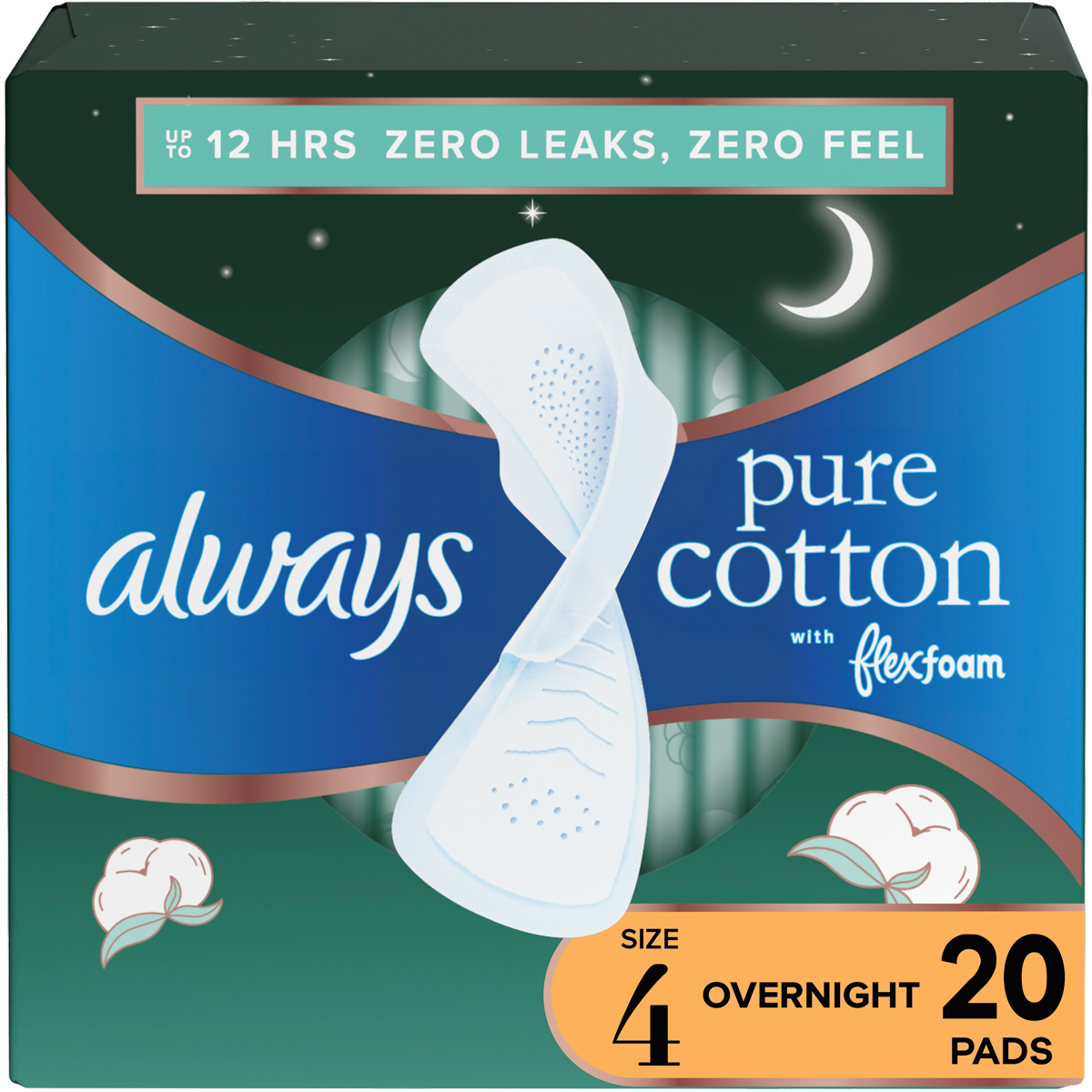 Always Pure Cotton FlexFoam Size 4 Overnight Absorbency 3 Packs of 20